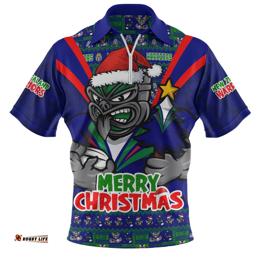 New Zealand Warriors Zip Polo Shirt Merry Christmas Festive Spirit Edition