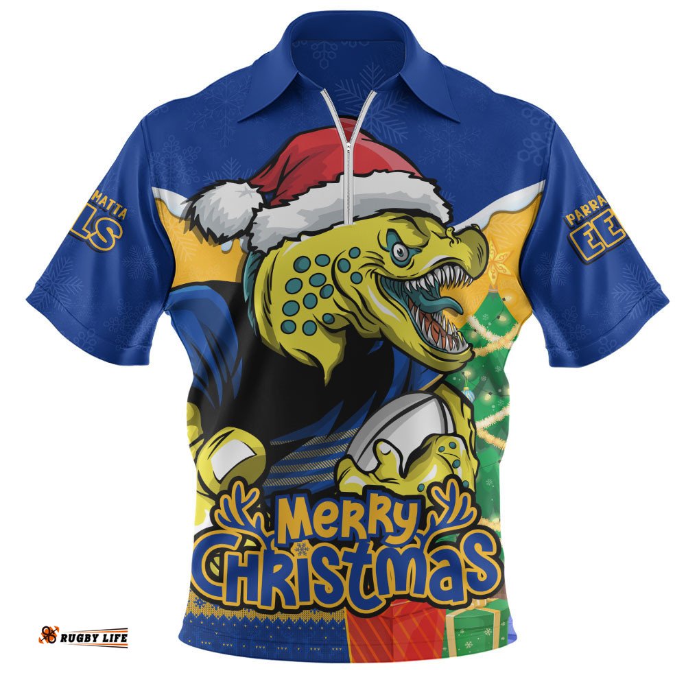 Parramatta Eels Zip Polo Shirt Santa Scoring Touchdown On Christmas Game Day