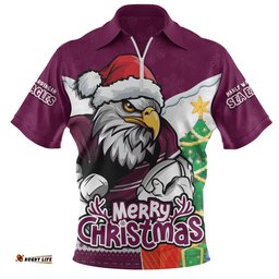 Manly Warringah Sea Eagles Zip Polo Shirt Santa Scoring Touchdown On Christmas Game Day