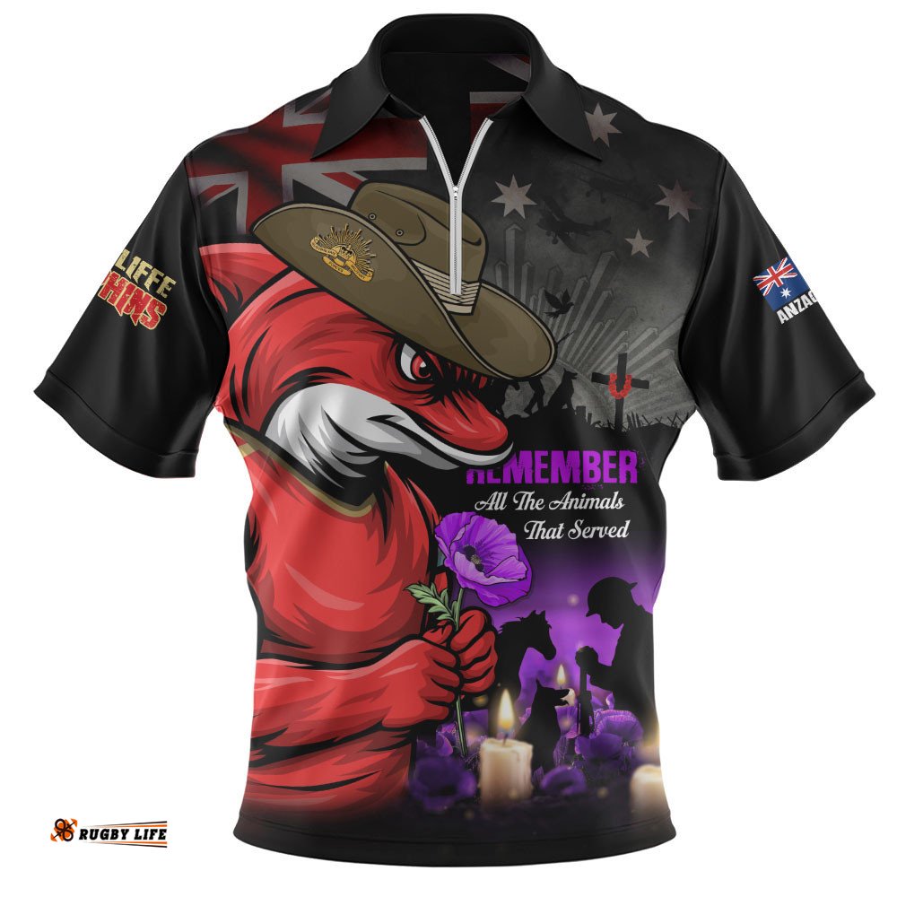 Redcliffe Dolphins Zip Polo Shirt Anzac Day Purple Poppy And Animals That Served