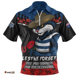 Geelong Cats Zip Polo Shirt ANZAC Day Not For Victory For Remembrance