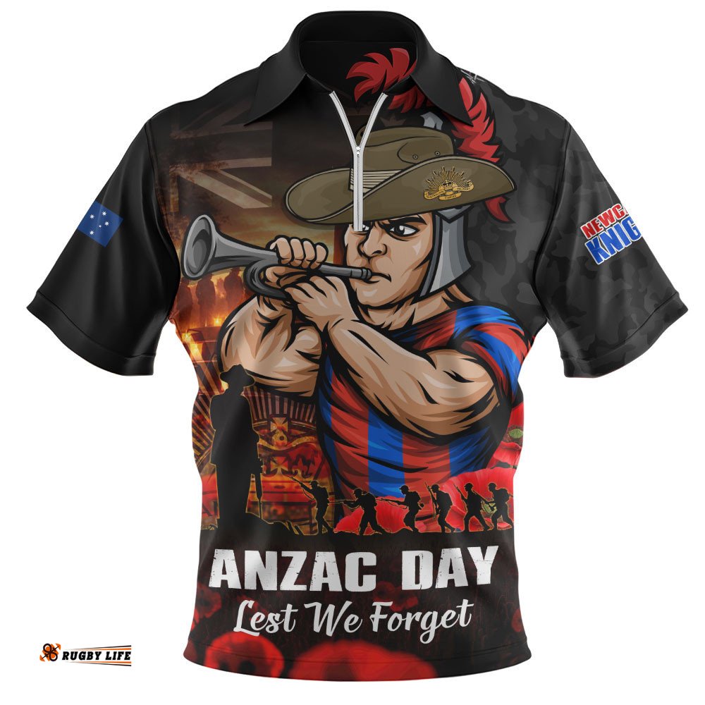Newcastle Knights Zip Polo Shirt Anzac Day Rising Dawn Ceremony Lest We Forget Courage