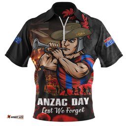 Newcastle Knights Zip Polo Shirt Anzac Day Rising Dawn Ceremony Lest We Forget Courage