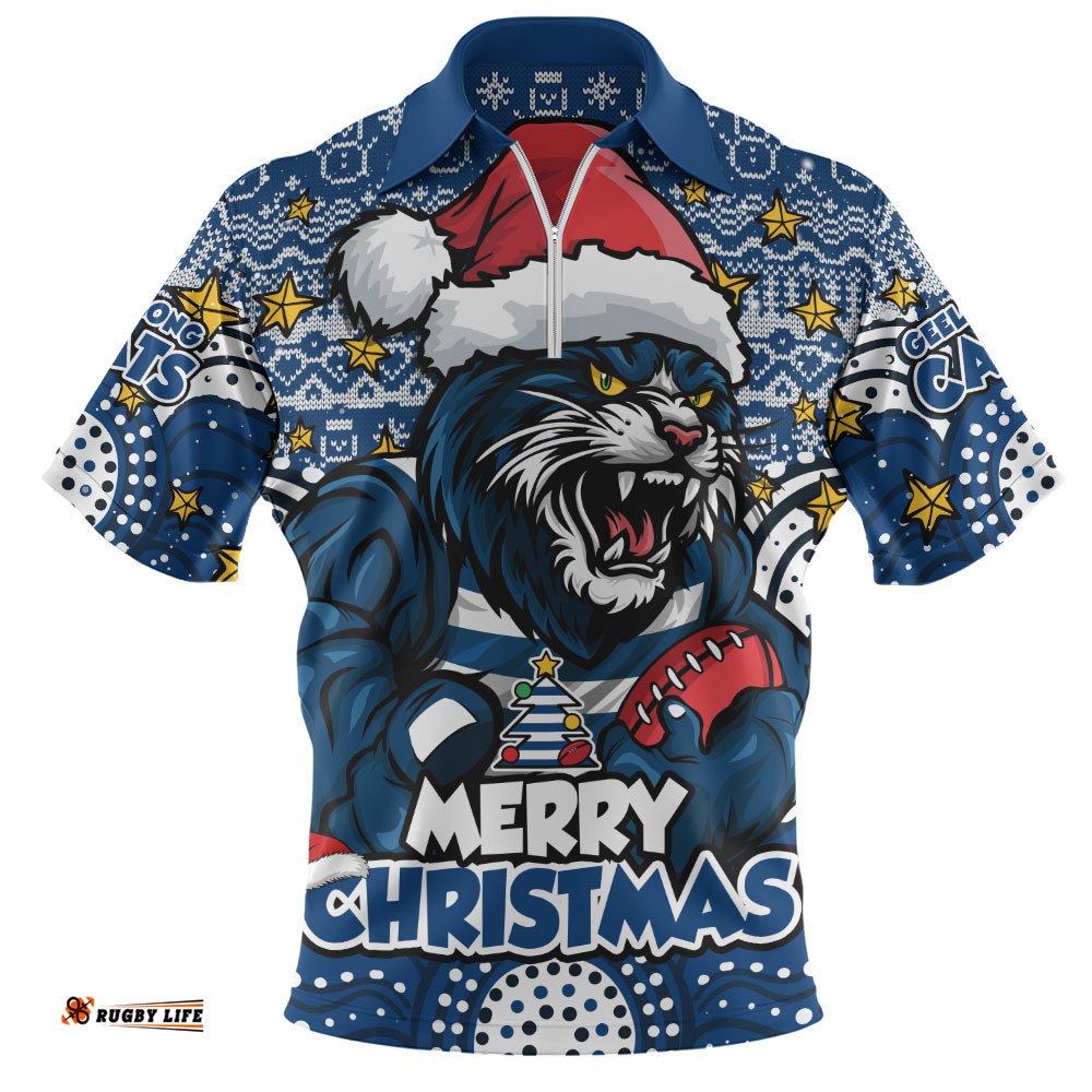 Geelong Cats Zip Polo Shirt Ugly Christmas Knit Patterns Vintage Jersey