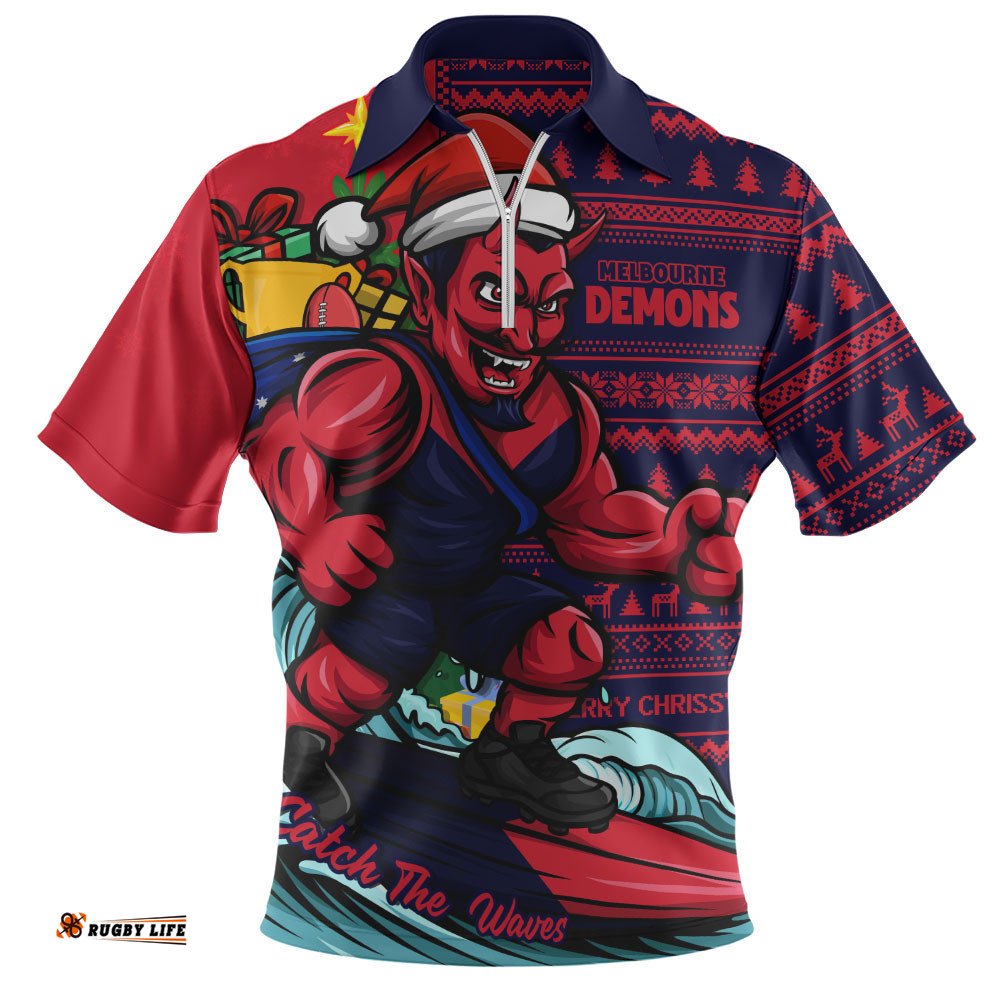Melbourne Zip Polo Shirt Christmas Holiday Santa Rides The Waves