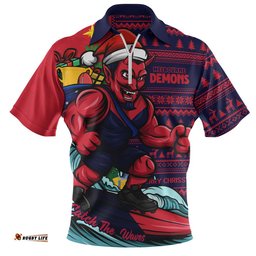 Melbourne Zip Polo Shirt Christmas Holiday Santa Rides The Waves