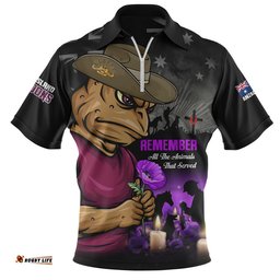 Queensland Maroons Zip Polo Shirt Anzac Day Purple Poppy And Animals That Served