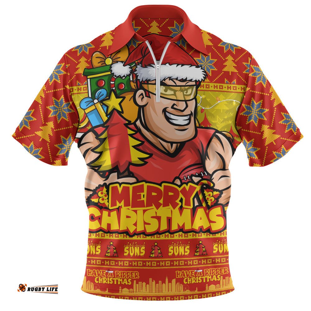 Gold Coast SUNS Zip Polo Shirt Festive Holiday Merry Christmas Vibe