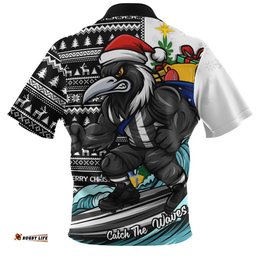 Collingwood Zip Polo Shirt Christmas Holiday Santa Rides The Waves