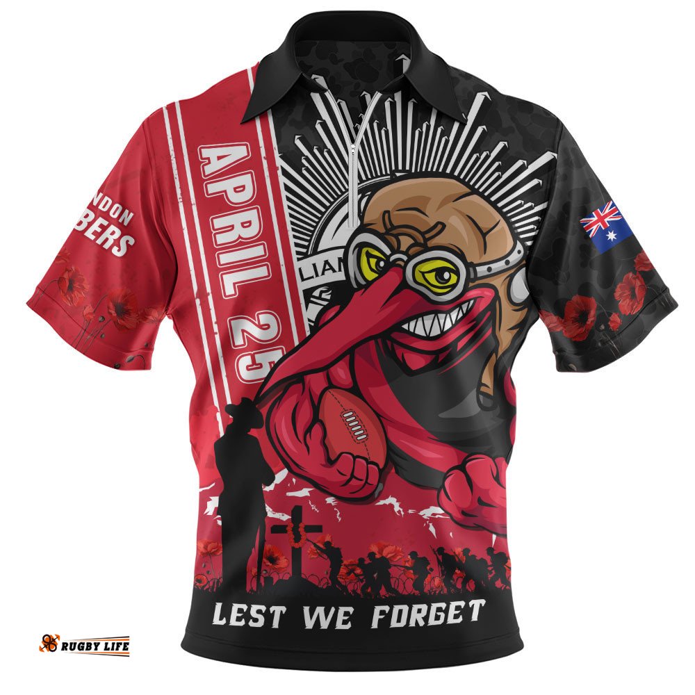 Essendon Zip Polo Shirt Anzac Day Lest We Forget Memorial
