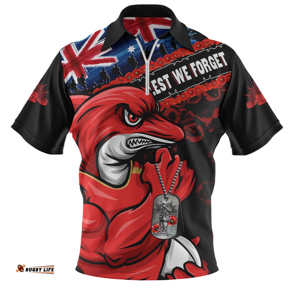 Redcliffe Dolphins Zip Polo Shirt Anzac Remembrance Of The Fallen