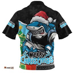 Cronulla-Sutherland Sharks Zip Polo Shirt Santa Scoring Touchdown On Christmas Game Day