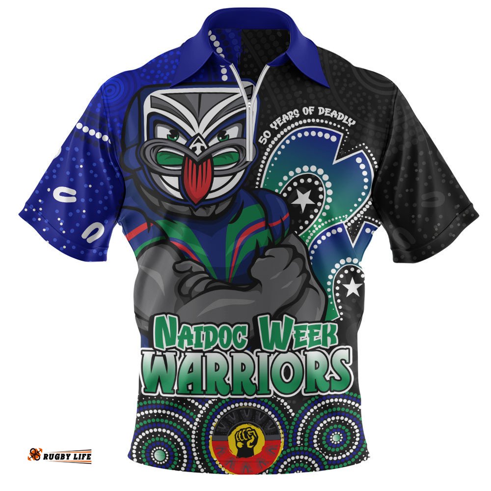 New Zealand Warriors Zip Polo Shirt NAIDOC Week 50 Years Of Deadly Indigenous Pattern