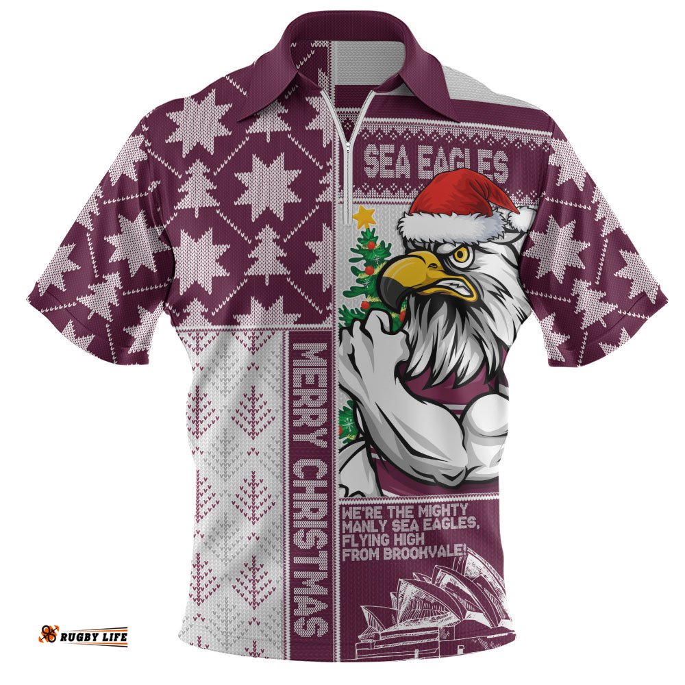 Manly Warringah Sea Eagles Zip Polo Shirt Christmas Magic Knit Style Winter Glow