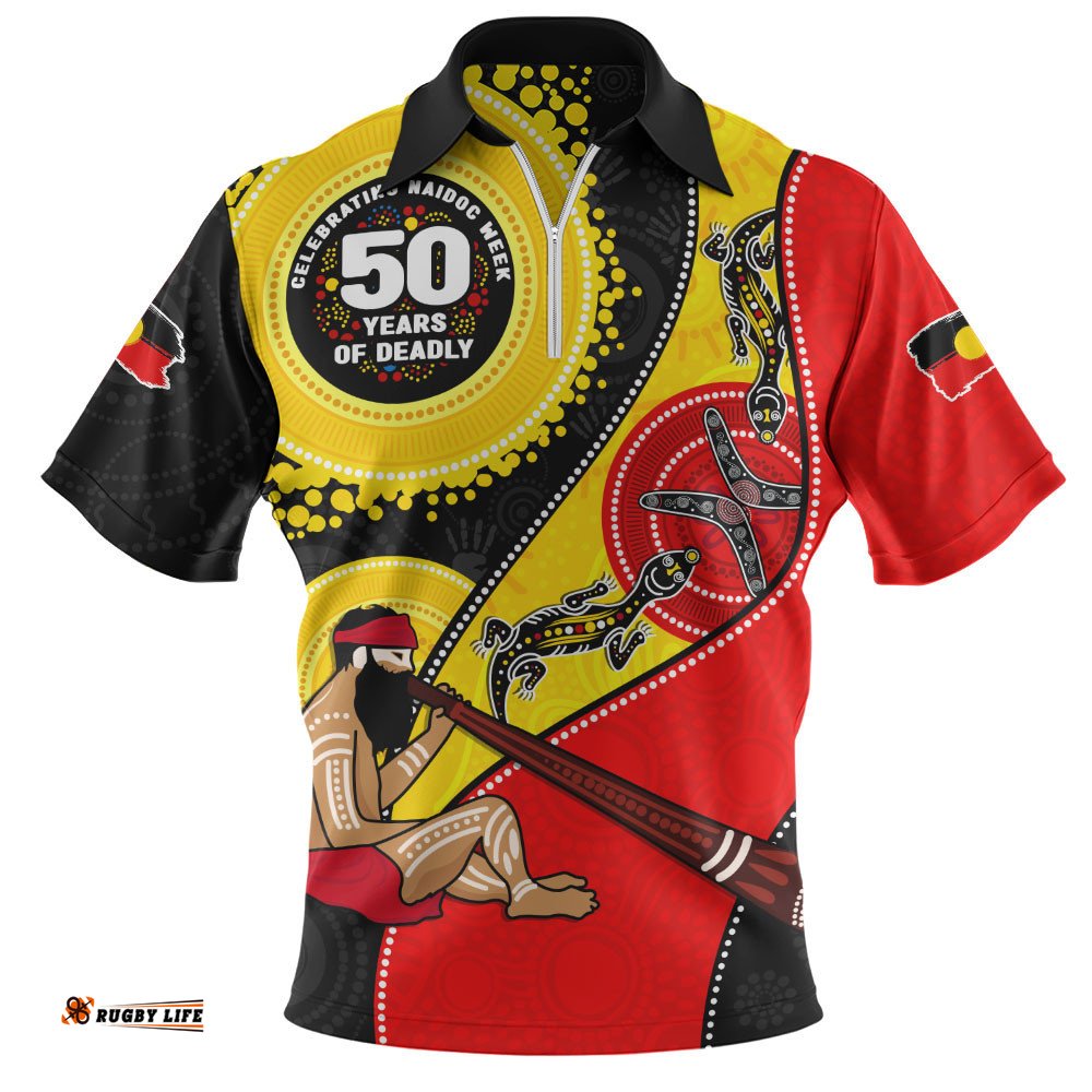 Indigenous Australian Aboriginal Zip Polo Shirt NAIDOC Week 50 Years Of Deadly Dreamtime Story