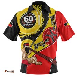 Indigenous Australian Aboriginal Zip Polo Shirt NAIDOC Week 50 Years Of Deadly Dreamtime Story