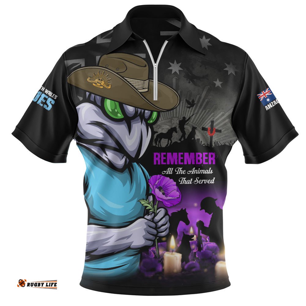 New South Wales Blues Zip Polo Shirt Anzac Day Purple Poppy And Animals That Served