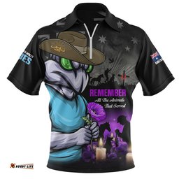 New South Wales Blues Zip Polo Shirt Anzac Day Purple Poppy And Animals That Served