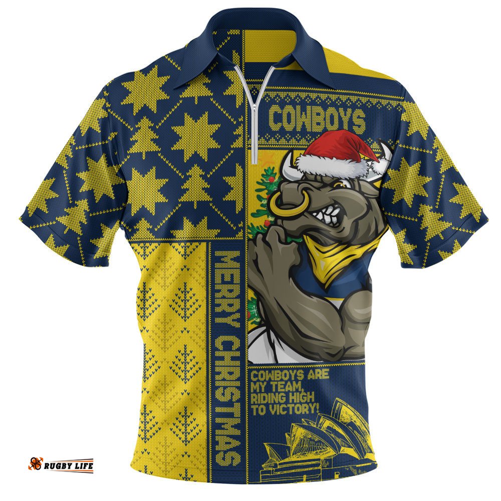 North Queensland Cowboys Zip Polo Shirt Christmas Magic Knit Style Winter Glow