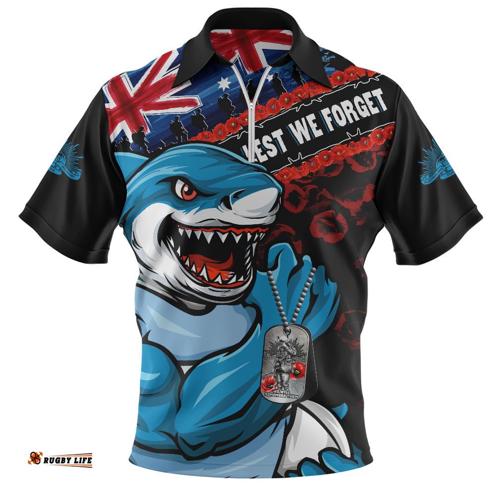 Cronulla-Sutherland Sharks Zip Polo Shirt Anzac Remembrance Of The Fallen