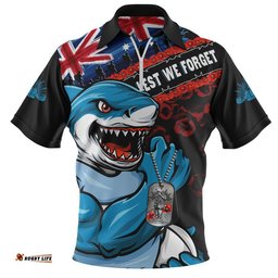Cronulla-Sutherland Sharks Zip Polo Shirt Anzac Remembrance Of The Fallen