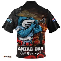Cronulla-Sutherland Sharks Zip Polo Shirt Anzac Day Rising Dawn Ceremony Lest We Forget Courage