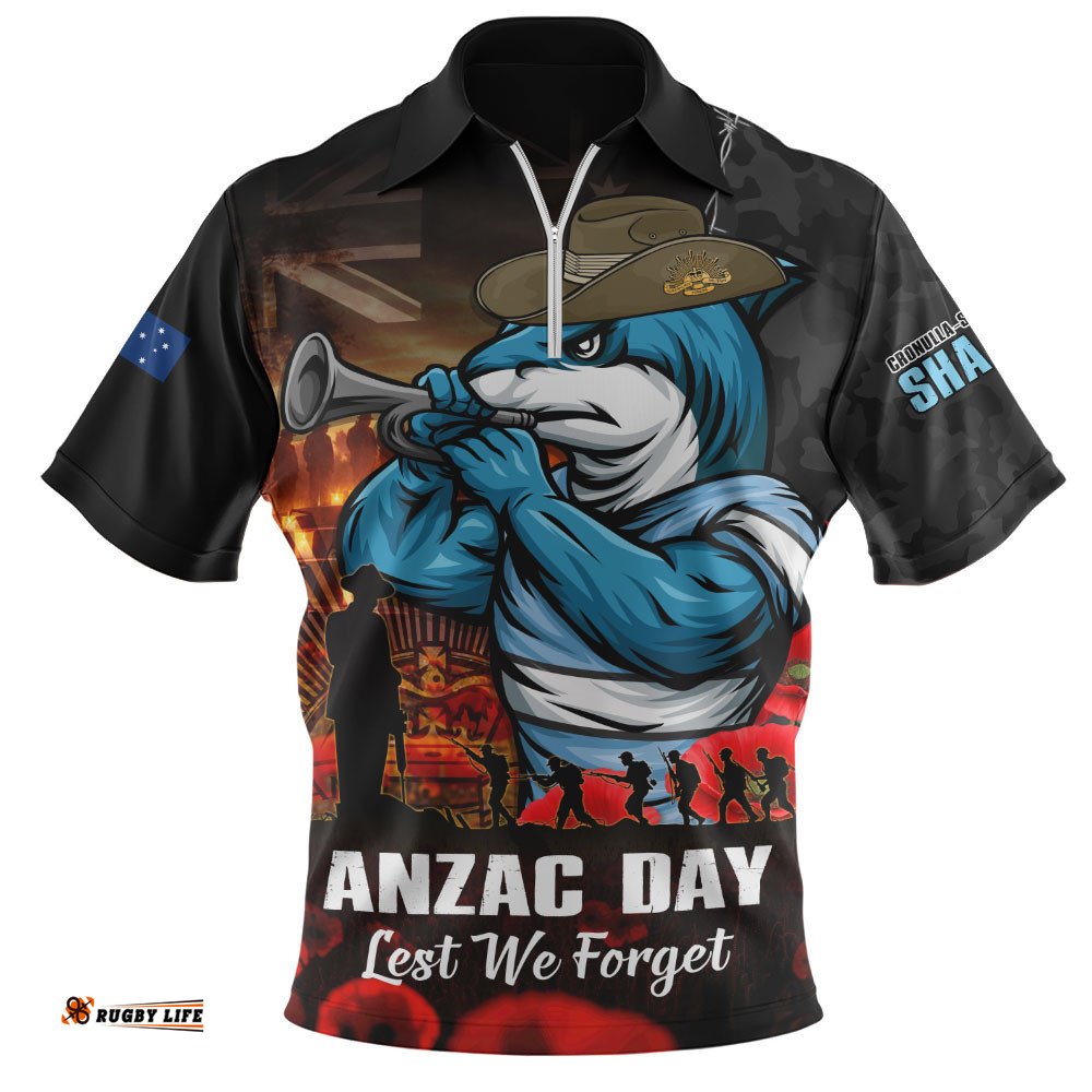Cronulla-Sutherland Sharks Zip Polo Shirt Anzac Day Rising Dawn Ceremony Lest We Forget Courage