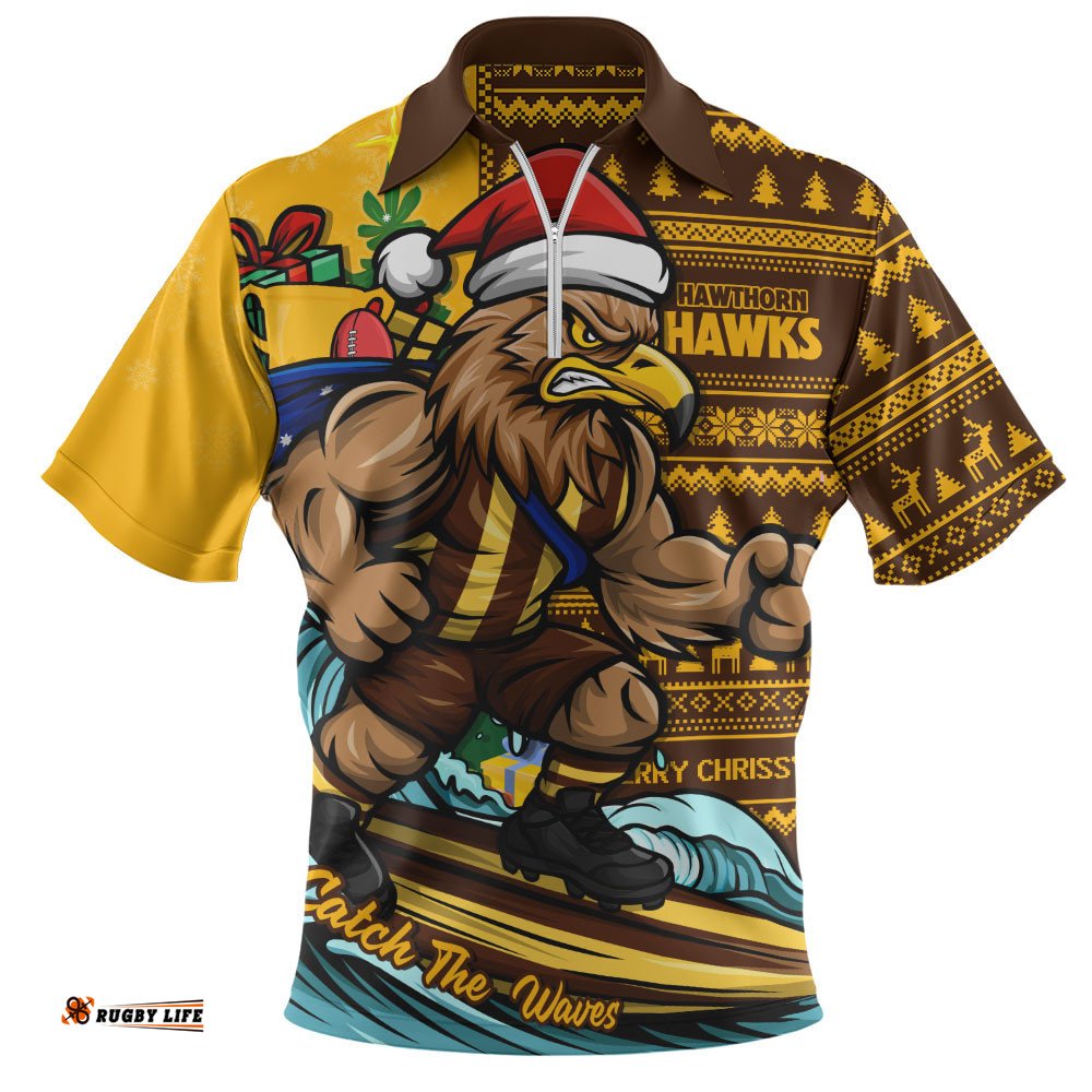 Hawthorn Zip Polo Shirt Christmas Holiday Santa Rides The Waves
