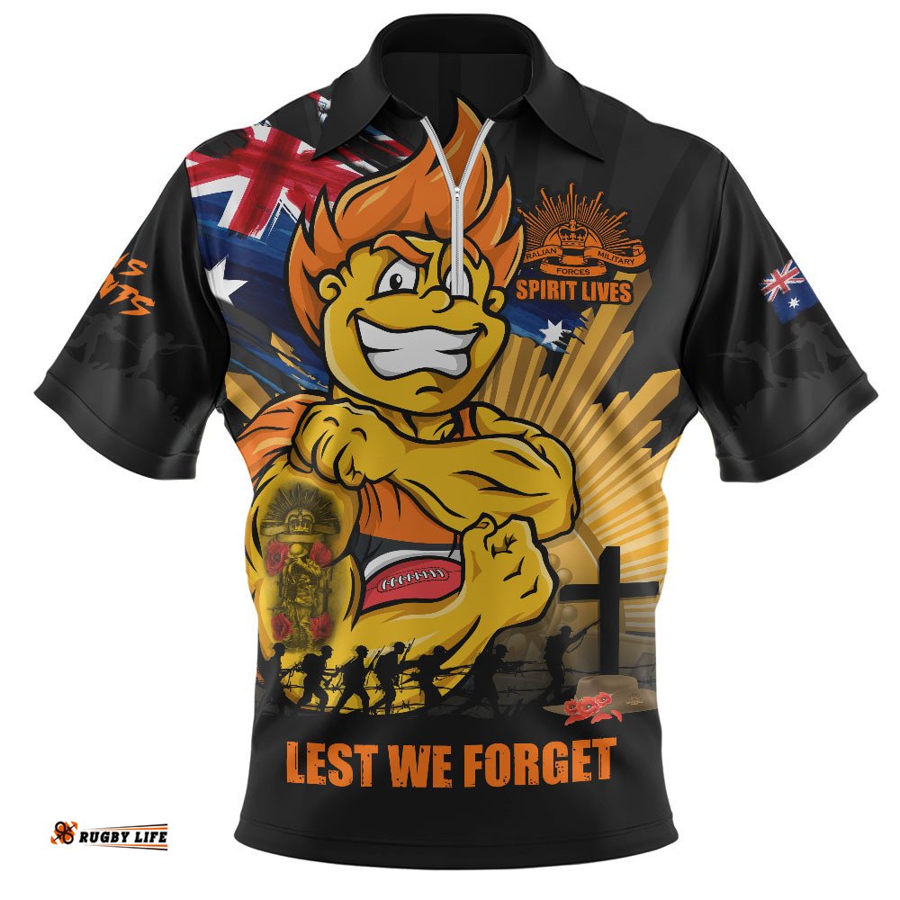 GWS GIANTS Zip Polo Shirt ANZAC Day Honour And Football Legacy