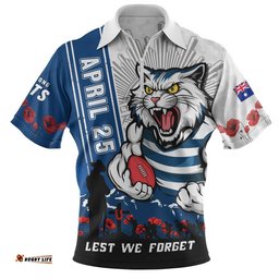 Geelong Cats Zip Polo Shirt Anzac Day Lest We Forget Memorial