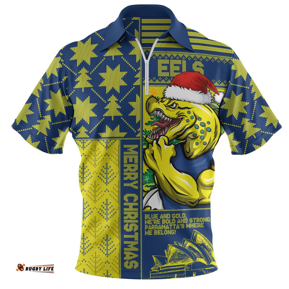 Parramatta Eels Zip Polo Shirt Christmas Magic Knit Style Winter Glow