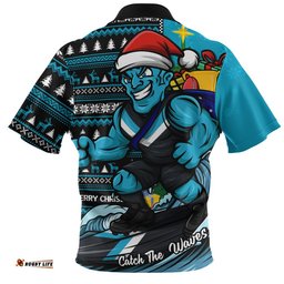 Port Adelaide Zip Polo Shirt Christmas Holiday Santa Rides The Waves