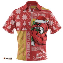 Redcliffe Dolphins Zip Polo Shirt Christmas Magic Knit Style Winter Glow