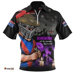 Newcastle Knights Zip Polo Shirt Anzac Day Purple Poppy And Animals That Served