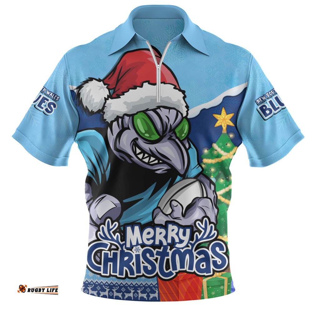 New South Wales Blues Zip Polo Shirt Santa Scoring Touchdown On Christmas Game Day
