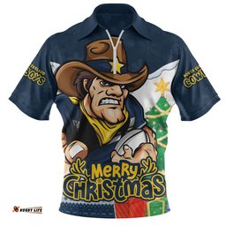 North Queensland Cowboys Zip Polo Shirt Santa Scoring Touchdown On Christmas Game Day