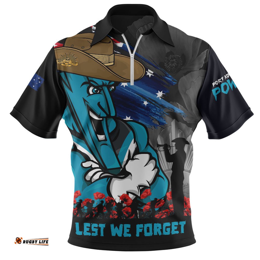 Port Adelaide Zip Polo Shirt ANZAC Inspired Football Fan Memorial Design