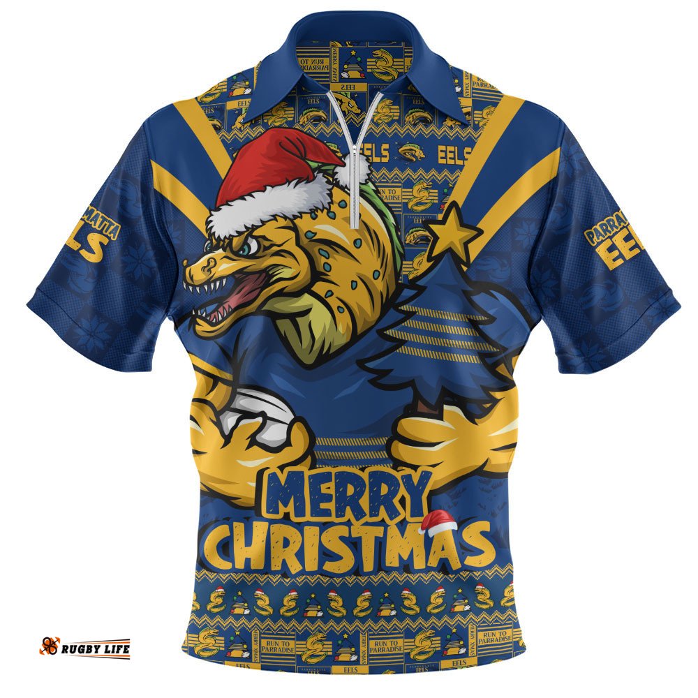 Parramatta Eels Zip Polo Shirt Merry Christmas Festive Spirit Edition