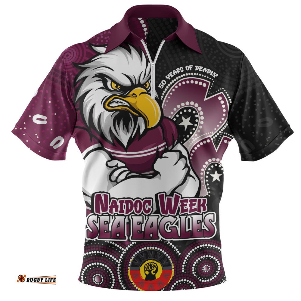 Manly Warringah Sea Eagles Zip Polo Shirt NAIDOC Week 50 Years Of Deadly Indigenous Pattern