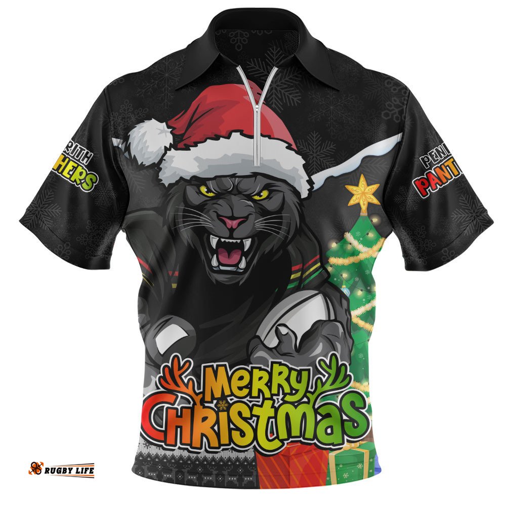 Penrith Panthers Zip Polo Shirt Santa Scoring Touchdown On Christmas Game Day