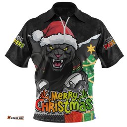 Penrith Panthers Zip Polo Shirt Santa Scoring Touchdown On Christmas Game Day