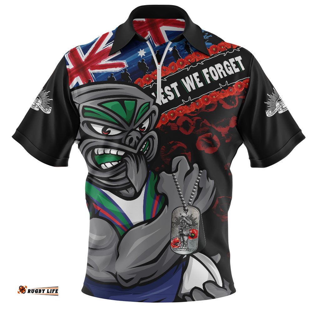 New Zealand Warriors Zip Polo Shirt Anzac Remembrance Of The Fallen