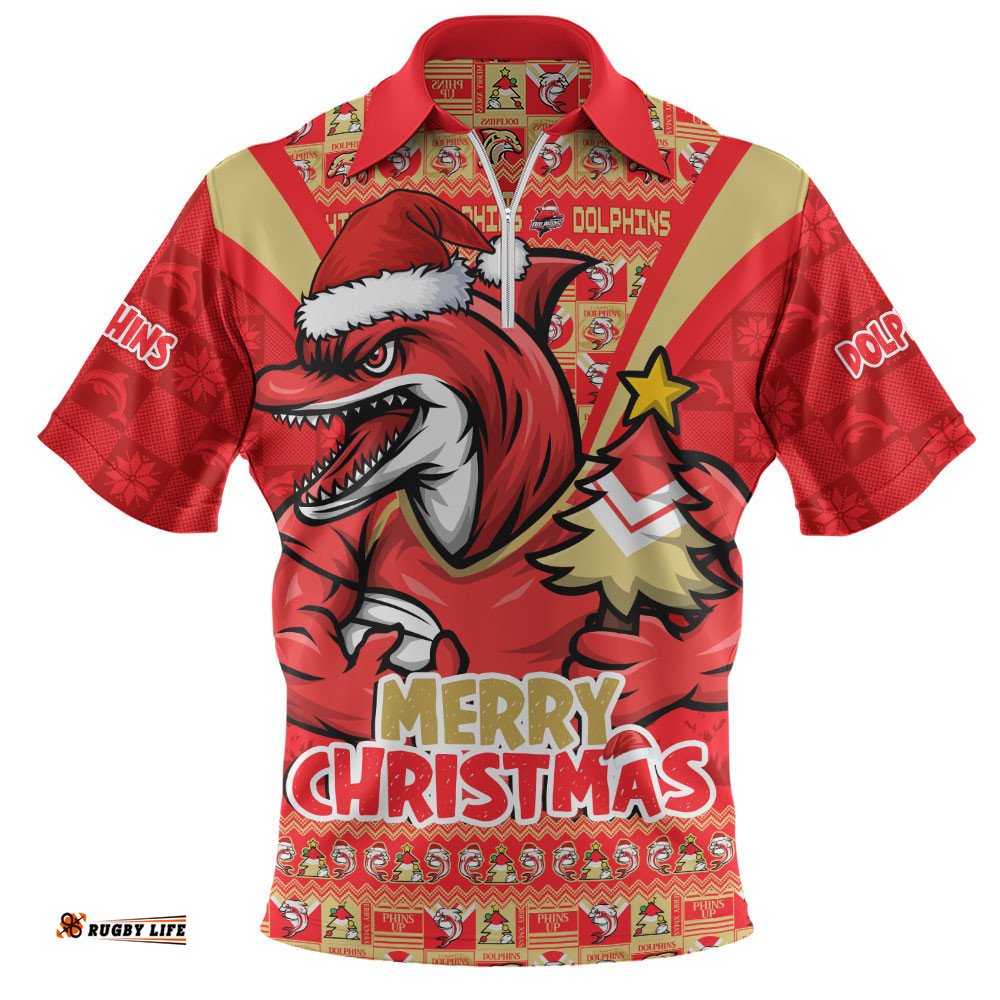 Redcliffe Dolphins Zip Polo Shirt Merry Christmas Festive Spirit Edition