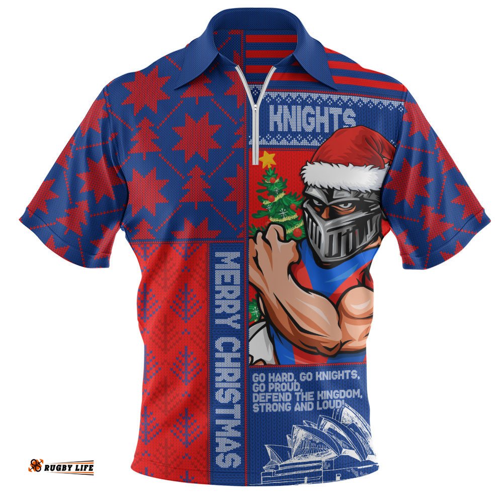 Newcastle Knights Zip Polo Shirt Christmas Magic Knit Style Winter Glow