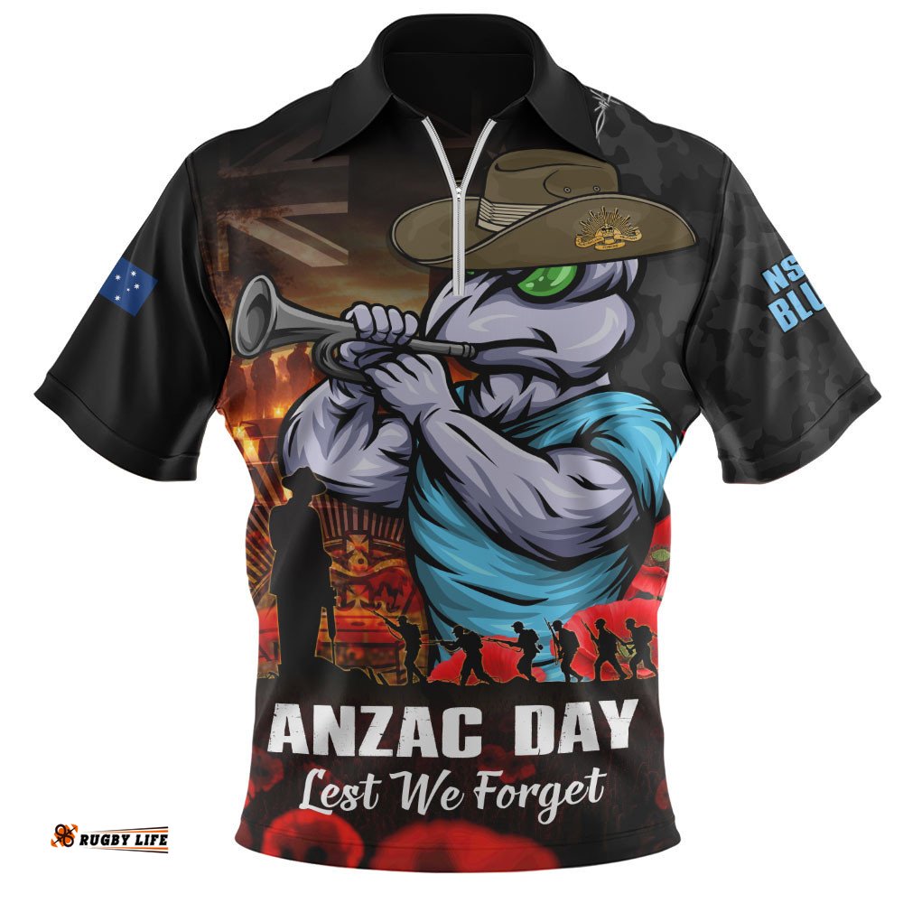New South Wales Blues Zip Polo Shirt Anzac Day Rising Dawn Ceremony Lest We Forget Courage