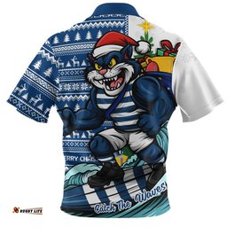 Geelong Cats Zip Polo Shirt Christmas Holiday Santa Rides The Waves