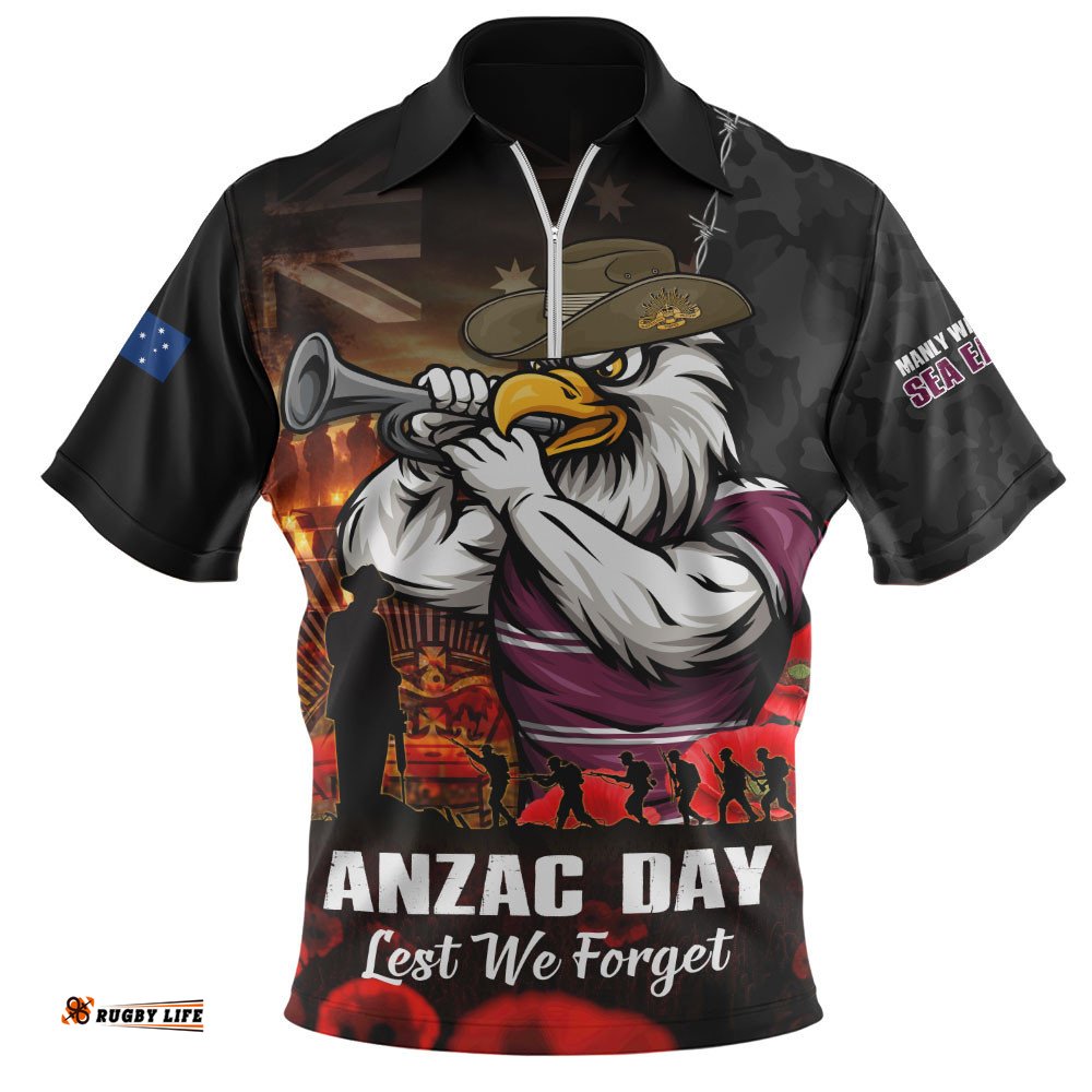 Manly Warringah Sea Eagles Zip Polo Shirt Anzac Day Rising Dawn Ceremony Lest We Forget Courage