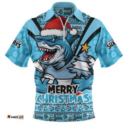 Cronulla-Sutherland Sharks Zip Polo Shirt Merry Christmas Festive Spirit Edition