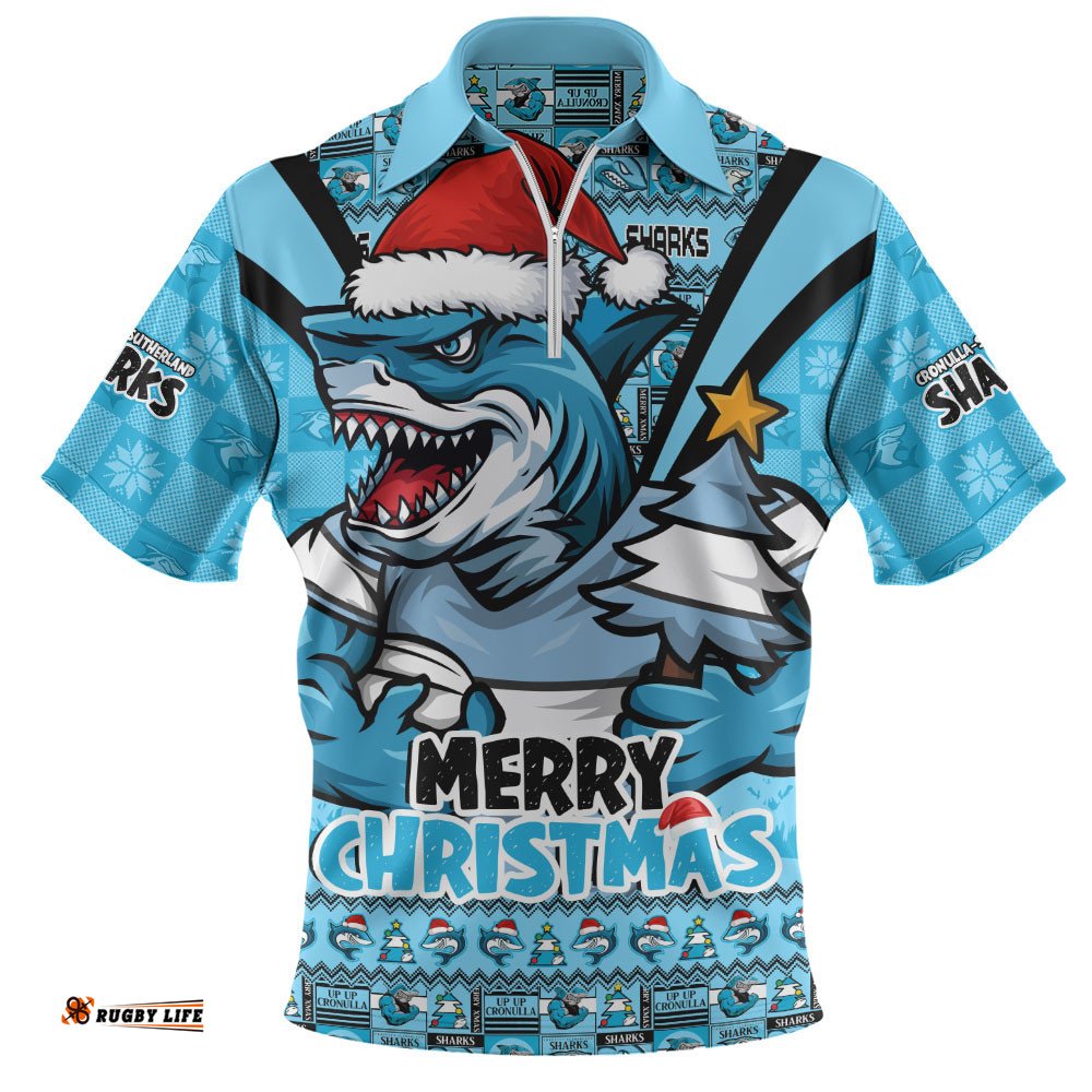 Cronulla-Sutherland Sharks Zip Polo Shirt Merry Christmas Festive Spirit Edition