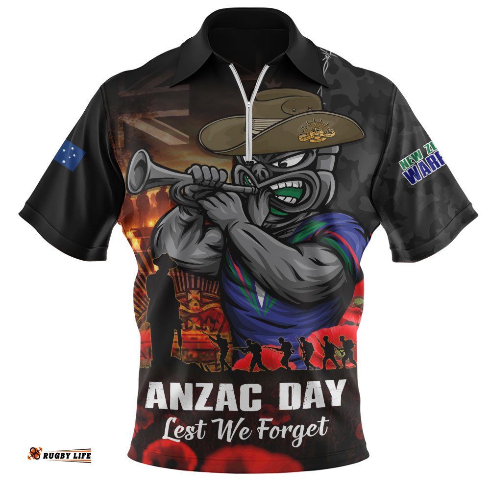New Zealand Warriors Zip Polo Shirt Anzac Day Rising Dawn Ceremony Lest We Forget Courage